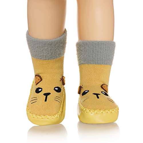 Baby Boy Girls Toddlers Animal Moccasins Non-Skid Indoor Slipper Winter Warm Shoes Socks (Yellow Cat, 6-12 Months)