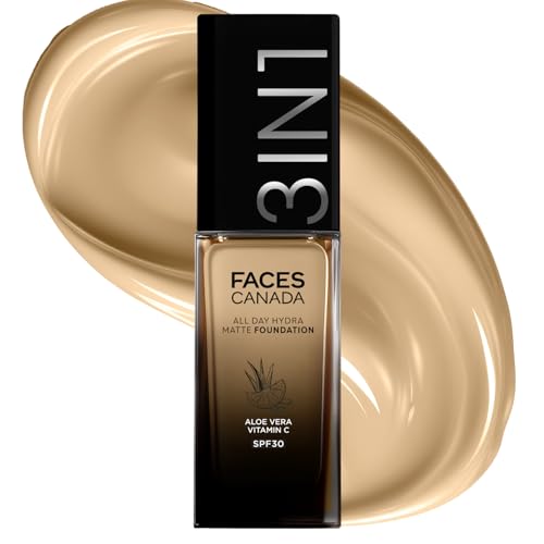 Image of FACES CANADA All Day Hydra Matte Foundation | 3-in-1 Foundation + Moisturizer + SPF 30 | 24 HR Aloe Hydration & Vitamin C | 10HR Long Wear | Medium to High Buildable Coverage | Soft Beige 033 | 30ml