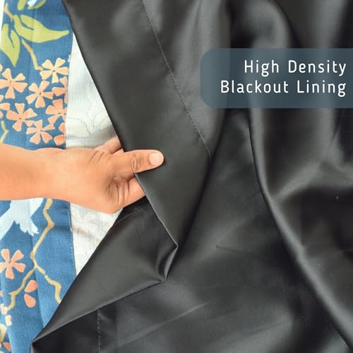 Image of Tranquebar Curtain Co. 100% Blackout Curtains, Complete Darkening Lining (Polyester), Navy Blue Floral & Bird Print, Cotton Blackout Curtain 7 Feet Set of 2, BackTabs, Veya (213 cm) - Set of 2