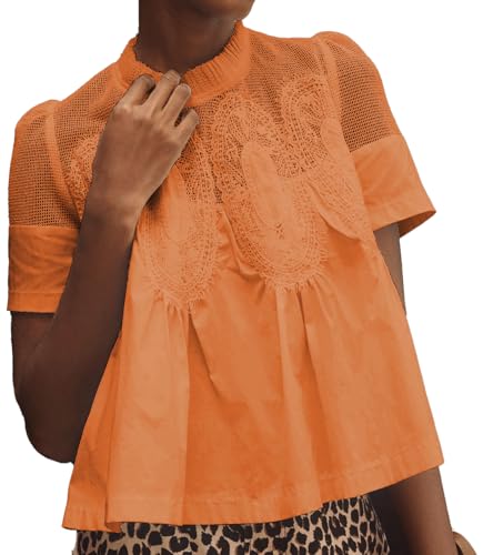 VAOYIU Women Lace-Detail Flared Blouse Short-Sleeve Crew Neck Lace Poplin Mesh Swing Top Casual and Elegant Loose with Intricate Back Design(Orange-XS)