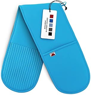 Big Red House Oven Gloves/Double Oven Mitt 480F Heat Resistant with Silicone Non-slip Design For Home Kitchen Baking/Extra Long Cotton Potholder/Turquoise