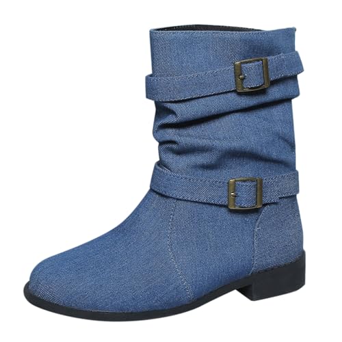 Bottes de cowboy bout rond pour femme chaussures talon bas daim confortables