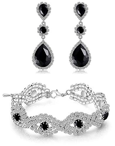 Paxuan Womens Silver Plated White Clear Rhinestone Crystal Wedding Bridal Bridesmaid Bracelet Jewelry Link Tennis Bracelet (Black - Bracelet and Earrings Set)