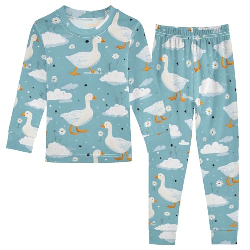 Cartoon Pajamas Set White Duck Pattern Teal Long Sleeve PJs Cotton Jammies Sleepwear Top and Pants