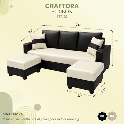 Image of Strike Dual Tone 5 Seater L Shape Leatherette Sofa Set with 2 Movable Ottomans | Flexible Layout | Premium Leatherette Upholstery | for Living Room & Office Spaces (Black & Cream) | Breathable Material
