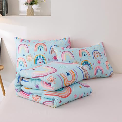 Btargot Lightweight Soft 3 Piece Rainbow Comforter Set with 2 Pillow Covers, Cartoon Love Hearts Suns and Stars Bedding Set for Girls Boys Kids, Twin Light Blue by Btargot - Used condition - Image 9