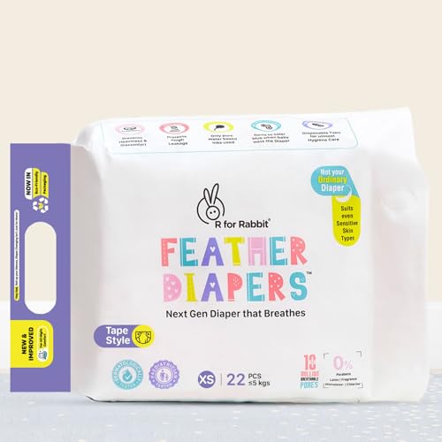 Image of R for Rabbit Tape Style Feather Diaper XS Newborn (NB) Size for Baby 0 to 5 kgs 22 Units (22 Count, Pack Of 1)