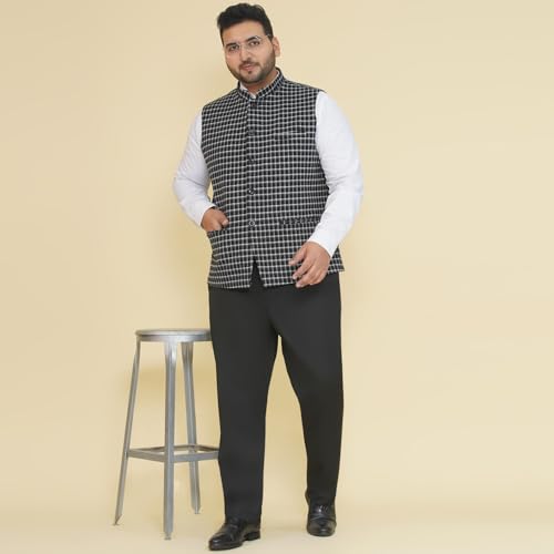 Image of JOHN PRIDE Plus Size Men Checked Tweed Black Nehru Jacket (JPNJ7513 Black)