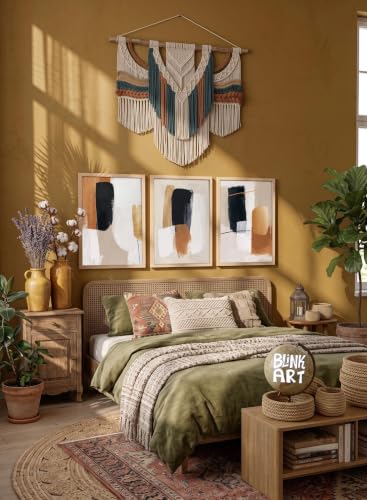Image of BLINKART Set of 3 NAVY OCHRE BRUSHSTROKE Natural Brown Frame Painting for Wall Decoration - Modern Art Wall Decor Framed Painting for Living Room Bedroom - Framed Wall Posters /Paintings (8X12 inch)