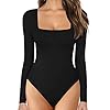 MANGOPOP-Womens-Square-Neck-Short-Sleeve-Long-Sleeve-Tops-Bodysuit-Jumpsuit MANGOPOP Bodysuits for Women Long Sleeve Square Neck Tops