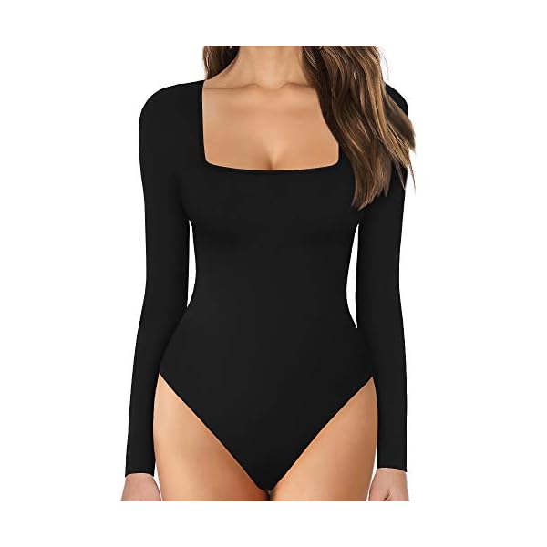 MANGOPOP-Womens-Square-Neck-Short-Sleeve-Long-Sleeve-Tops-Bodysuit-Jumpsuit MANGOPOP Bodysuits for Women Long Sleeve Square Neck Tops