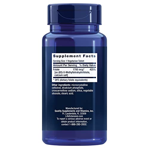 Life Extension Optimized Folate (L-Methylfolate) – Supports Heart & Brain Health – Non-Gmo, Gluten-Free, Vegetarian –1700 Mcg Dfe — 100 Vegetarian Tablets #TOP1