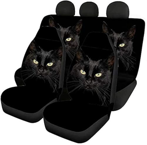 chaqlin Animal Black Cat Print Auto Vordersitzbezüge + Rückenschaufelsitzschutz Kompletter Satz von 4 Stück für Damen Herren Modisches Autozubehör