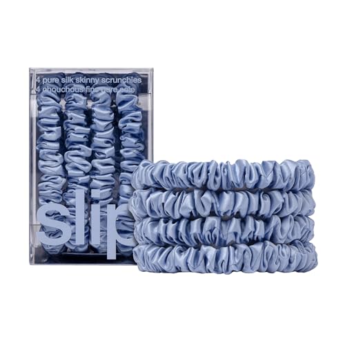 Image of Slip Silk Hair Ties - Skinny Silk Cornflower Scrunchies, No Damage, No Crease, Anti-Breakage |100% Mulberry Silk | All Hair Types | Made with Proprietary Slipsilk | Set of 4