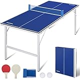 RayChee Portable Ping Pong Table, Mid-Size Foldable Table Tennis Table w/Net, 2 Paddles, 2 Balls, Adjustable Feet for Indoor Outdoor, No Assembly Required, 60 Inch