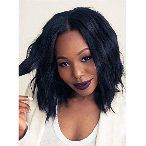 LANDI Black Wigs for Women Short Bob Wavy Hair Wigs Natural Synthetic Costume Party Wigs with Wig Cap 171g(Black) LD006