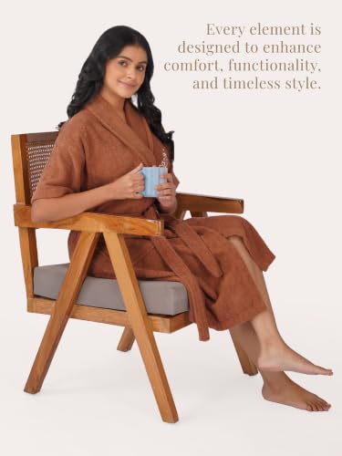 Image of RANGOLI Premium Women's Knee-Length 460 GSM Bamboo Bathrobe in Half Sleeves with 2 Pockets & Belt Closure with Ultra Soft Fabric & Skin-Friendly (Brown-L) | Royal Bamboo