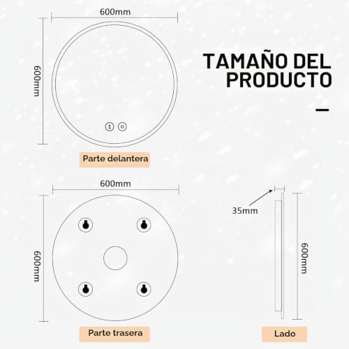 Miniatura 6 de Yoleo Espejo De Baño Redondo Con Luz Led Regulable En 3 Colores, Espejo De Baño De 60 X 60 Cm Con Interruptor Táctil Y Función Antivaho, 6400 K