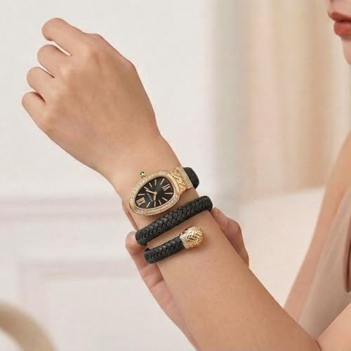 Image of Serpentine Snake Watch for Woman with Spiral Bracelet, Green Dial Watch for Woman with Quartz, Stylish Analog Waterproof Serpenti Watches Women