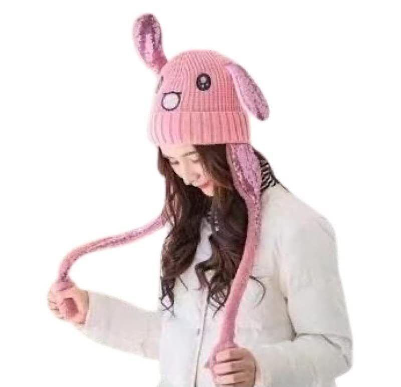 krystle Moving Ear Cap for Girls | Winter Cap With Rabbit Ears | Plush Wool (Pink)-picture-28