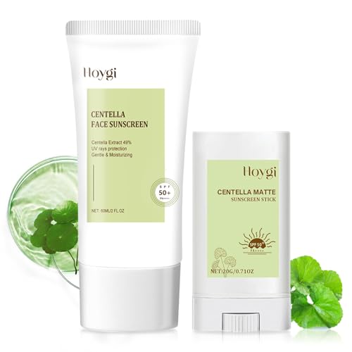 Centella Sunscreen SPF 50, Esencia Acuosa Crema Solar con Stick Solar Facial, Protector Solar Coreano, No Grasa, Fuerte Protección UV, Crema Solar Facial para Todo Tipo de Piel