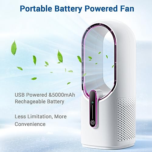 KONSIDEN Bladeless Desk Fan, 11.8 Inch Small Rechargeable Fan, Quiet Office Fan, 3 Speeds, Touch Control, Easy to Clean, Desk Fan Small Quiet, Ideal for Home, Office, Travel