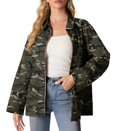 GRECERELLE Vestes en coton pour femme avec fermeture éclair intégrale et manches longues avec poche, vert camouflage, XXL