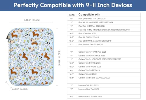 Image of Dadanism 9-11 inch Tablet Sleeve Bag Carrying Case for iPad (A16) 11th Gen 11 inch, iPad 10th Gen 10.9 inch Air 5 /4, iPad Air M4 /Pro 11 inch, iPad 9 /8 /7th, Galaxy Tab A11+ Plus 11 inch, Remarkable 2 10.3 inch, Blue+Dog