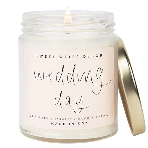 Product Image of the Sweet Water Decor Wedding Candle - Sea Salt, Jasmine, Cream, and Wood Scented Soy Wax Candle for Home - Engagement and Wedding Gifts for Her - 9oz Clear Jar, 40 Hour Burn Time, Made in The USA