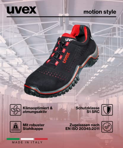 Uvex Motion Style Halbschuh, Sicherheitsschuhe S1 SRC, Arbeitsschuhe für Herren, Schwarz/Rot, Größe 43