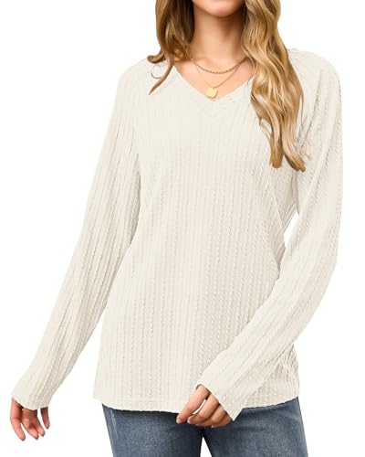 AUSELILY Womens Long Sleeve Shirts Casual V Neck Lightweight Pullover Tops 2025 New2