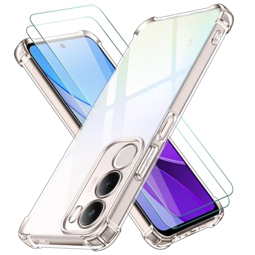 ivoler Funda para Vivo Y19s / Vivo Y29 5G con 2 Piezas Cristal Templado, Carcasa Protectora Antigolpes Antiarañazos Transparente con Cojín Esquina Parachoques, Suave TPU Silicona Bumper Case