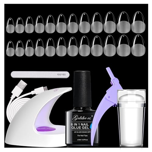 Gelike ec Kit Uñas, Nail Kit de Tips Uñas Gel con Pegamento, 240 Uñas Postizas Transparentes 6 en 1 Pegamento Uñas Postizas, Mini Lampara Uñas (006-240 Tips Corta Almendra)