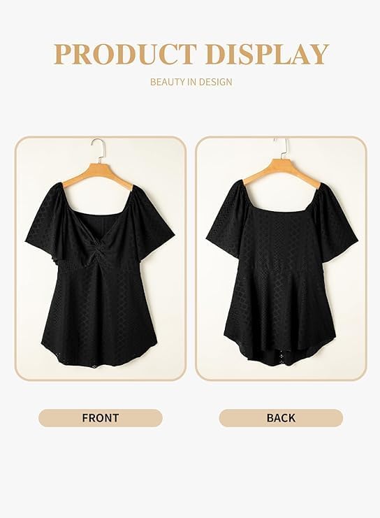 Eytino Womens Plus Size Tops Twist Front V Neck Short Sleeve Eyelet Embroidery Summer Loose Blouse Shirts(1X-5X) - Image 3