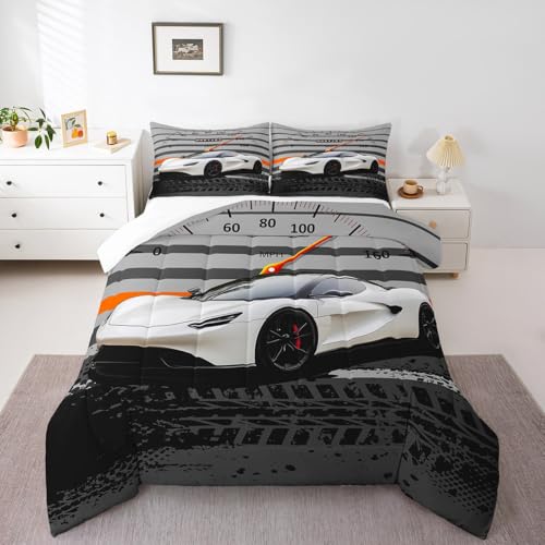 Image of Feelyou Black White Race car Airplane Comforter Set Speed Sports Car Bedding Set for Kids Teens Racing Car Comforter Extreme Sports Duvet Set Decor Quilt 2Pcs Twin Size Boys
