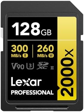 Lexar Professional 2000x SD Card 128GB, SDXC UHS-II Memory Card, Up to 300MB/s Read, 260MB/s Write, Class 10, U3, V90 SD for DSLR, Cinema-Quality Video Cameras