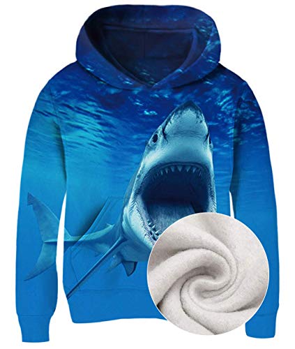 Aideaone Boys Girls Funny Hoodies 3D Print Shark Pullover Hoodie Warm Fleece Sweatshirt Casual Workout Sportswear For 12-14 Years #TOP3