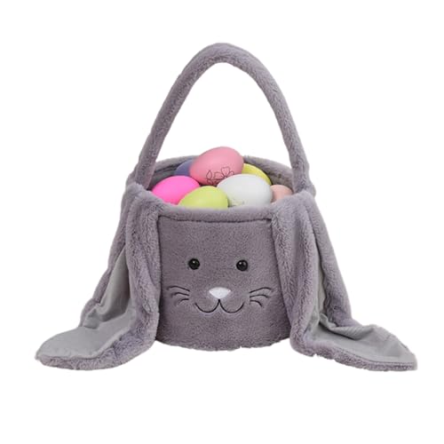 Image of Plush Easter Bunny Basket Bags for Kids, Rabbit Bucket Tote with Long Fluffy Ears, Cute Egg Hunts Party Storage Candy Gifts Carry Bucket Decorations (Gray)