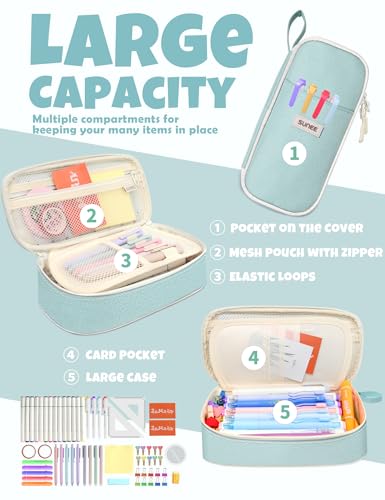 Image of SUNEE Cute Pencil Case, Aesthetic Pen Pouch, Colored Large Pencil Bag with Zipper, Kawaii Stationery Storage and Organizer, School Supplies for Teen and Adult Girls, Mint Green