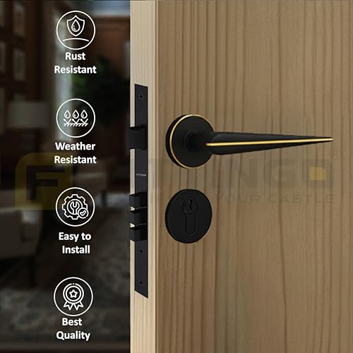 Image of Marsh Mortise Door Handle Lock Set /Premium Brass Door Handle with Lock /Heavy-Duty Main Door Handle with Key Lock for Home, Office & Hotel Doors - 3 Years Warranty (Black-Gold)