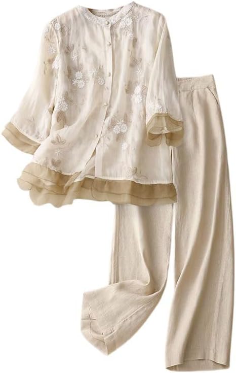 Women Linen Shirt Set Summer Blouse Wide Leg Pants Casual Outfit