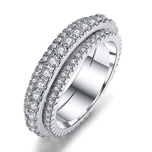925 Sterling Silver Plated 3 Rows Cubic Zirconia Wedding Band CZ Engagement Stackable Ring for Women