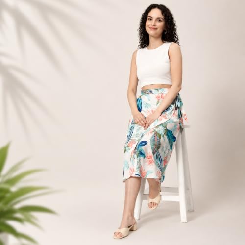 Image of Women's Floral & Animal Print Wrap Skirt - Midi Length A-Line Summer Skirt with Side Tie-Up, Tropical Cheetah Tiger Casual Beach Wear