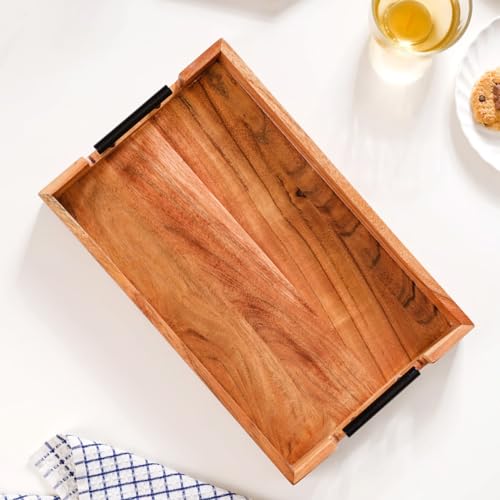 Image of Nestasia Wooden Serving Tray with Handles | Acacia Wood Rectangular Rustic Brown Tray for Dining & Coffee Table | Platter for Serving Tea, Cakes, Snacks, Breakfast & Home Decor