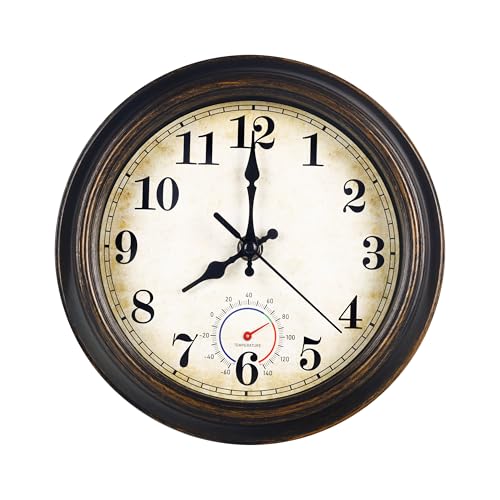 Meridra Outdoor Clock Waterproof with Thermometer Wall Clock for Patio Pool Bathroom Kitchen 8 Inch Bronze