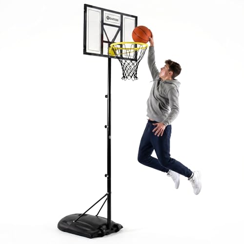 HyperMotion Canasta de baloncesto de acero negro y amarillo, 82 × 130 × 310 cm, para uso al aire libre, altura regulable 160 – 260 cm, independiente, para niños y adolescentes
