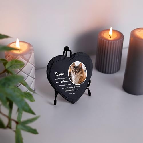 LAUBLUST Personalisierte Herzform Grabplatte mit Name & Foto als Grabschmuck für Hund, Katze & andere Haustiere - Pfoten, 3 Größen | Schieferplatte mit Gravur als Tiergrabstein Deko & Tiere Grabtafel