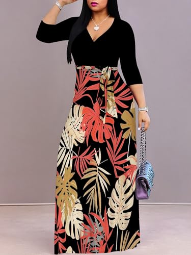 Image of Plus Size Maxi Dress for Women V Neck Flowy Dresses with Pockets for Wedding Guest Church