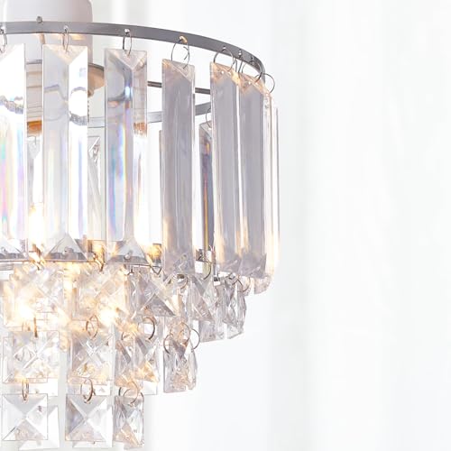 SHINY STAR Crystal Easy-fit Pendant Lampshade,Modern Chrome Frame Ceiling Lightshades,Bevelled Crystal Acrylic Oblong Rods Beads Square-Cut Droplets 4 Tiers Chandelier 907