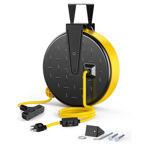 DEWENWILS 30 Ft Retractable Extension Cord Reel, Ceiling/Wall Mount 16/3 Gauge SJTW Power Cord with 3 Electrical Outlets Pigtail for Garage and Shop, 10 Amp Circuit Breaker, Metal Plate, UL 